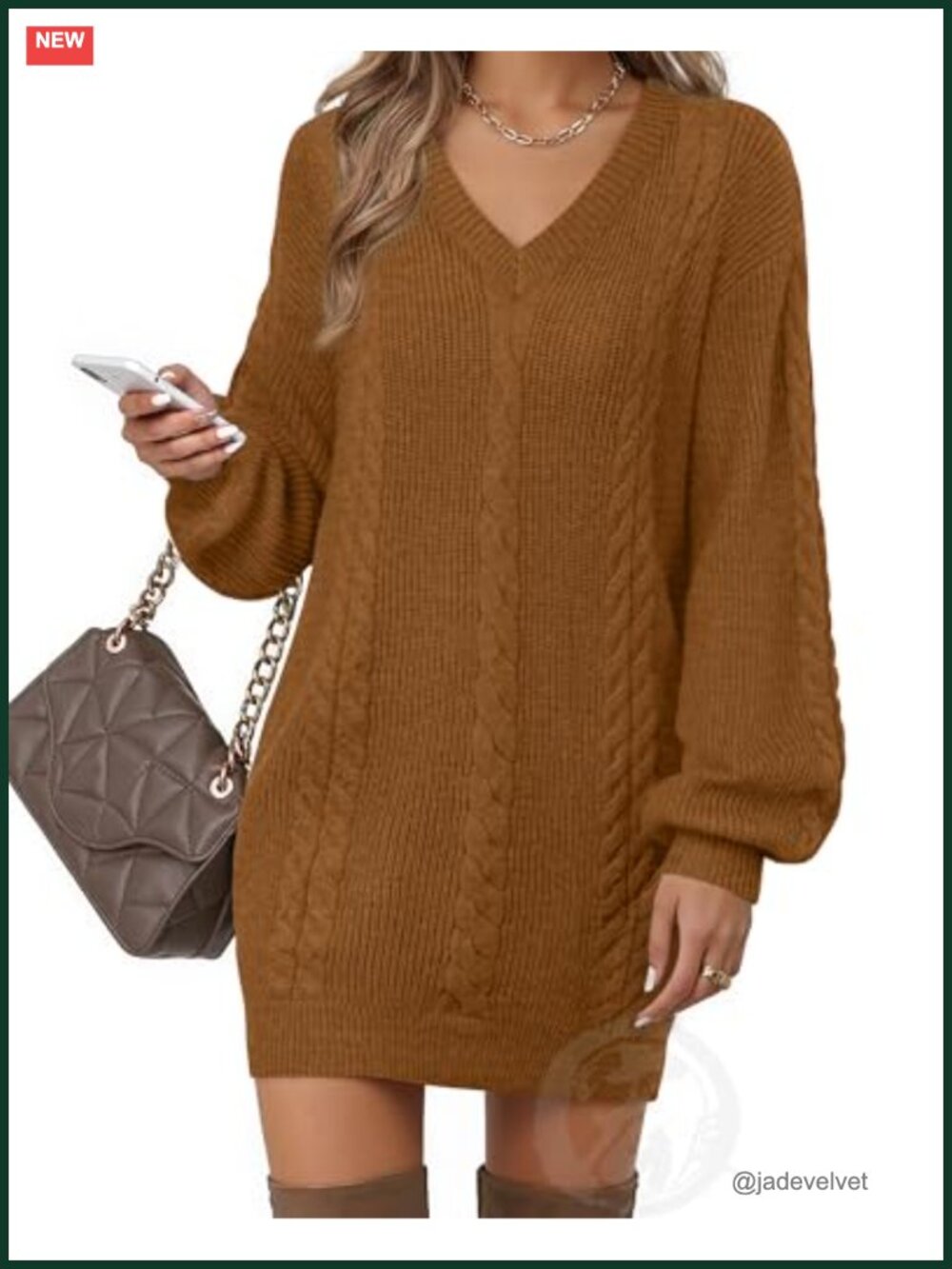 V Neck Lantern Sleeve Knit Mini Sweater Dress Casual Fall